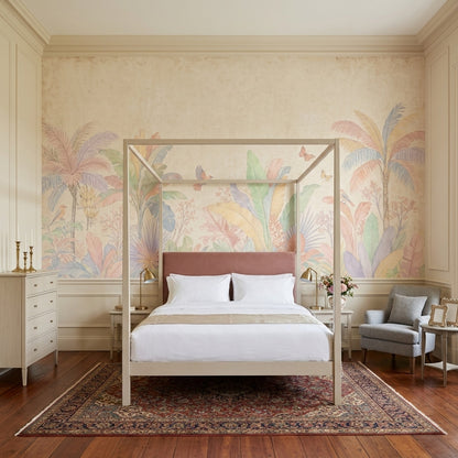 Tropical Botanical Wallpaper Pastel Palm Trees Removable Birds And Butterflies Wall Decor