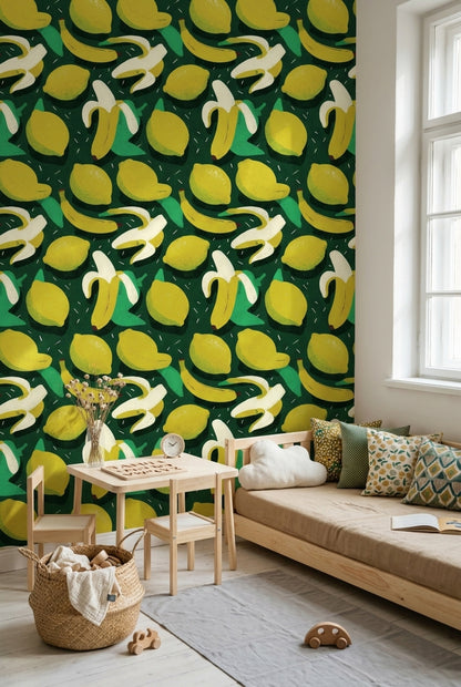 Abstract Fruit Wallpaper Dark Green Background Tropical Decorative Mural