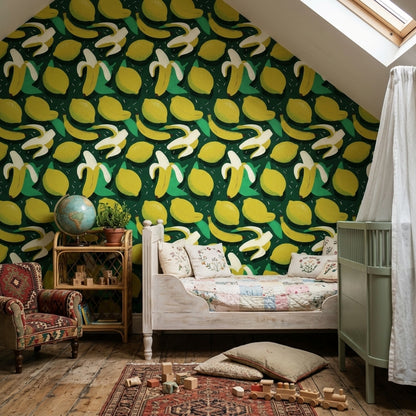 Abstract Fruit Wallpaper Dark Green Background Tropical Decorative Mural
