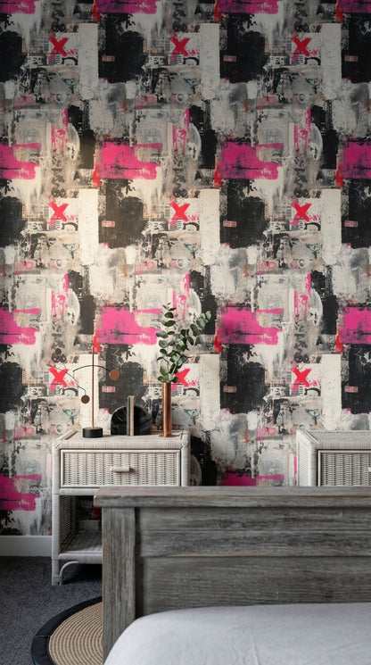 Urban Graffiti Wallpaper Mixed Media Collage Distressed Texture Removable Wall Decor