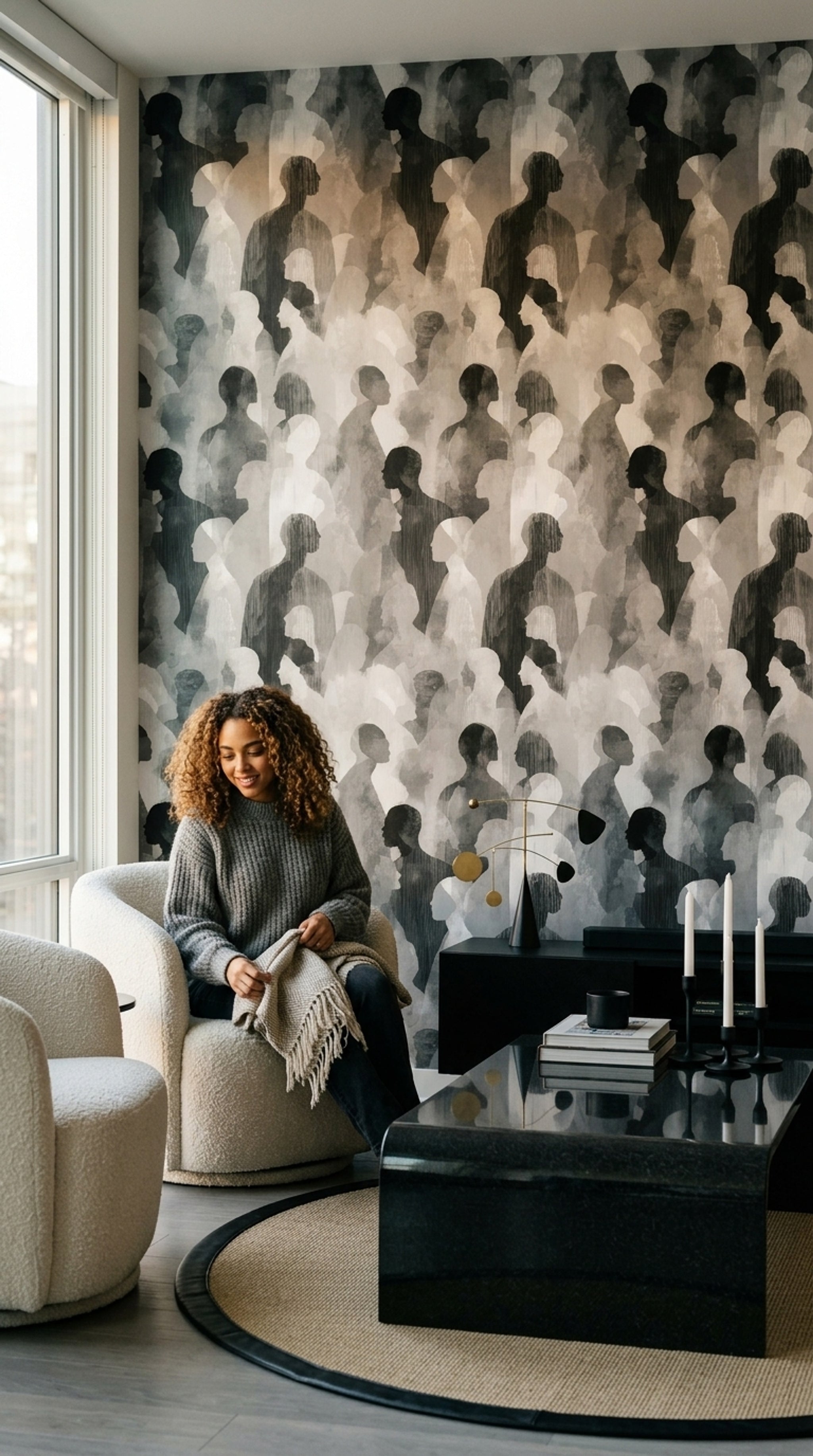 Silhouettes Wallpaper Abstract Removable Monochrome Wall Double Roll