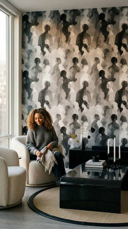 Silhouettes Wallpaper Abstract Removable Monochrome Wall Double Roll