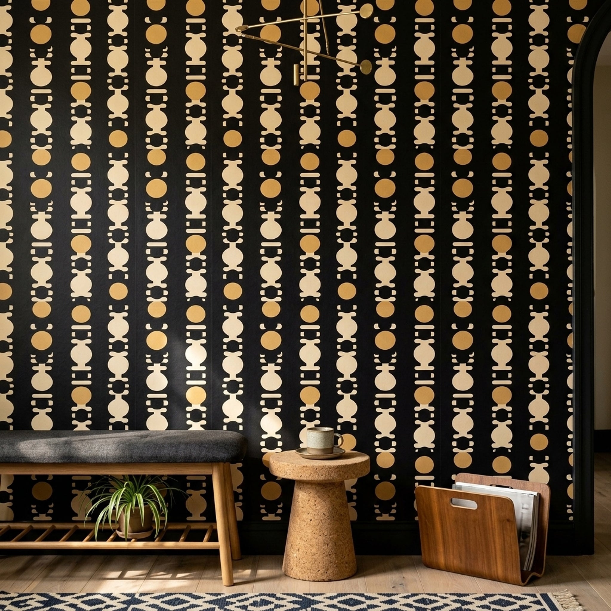 Mid Century Modern Wallpaper Solid Black Removable Totem Wall Double Roll