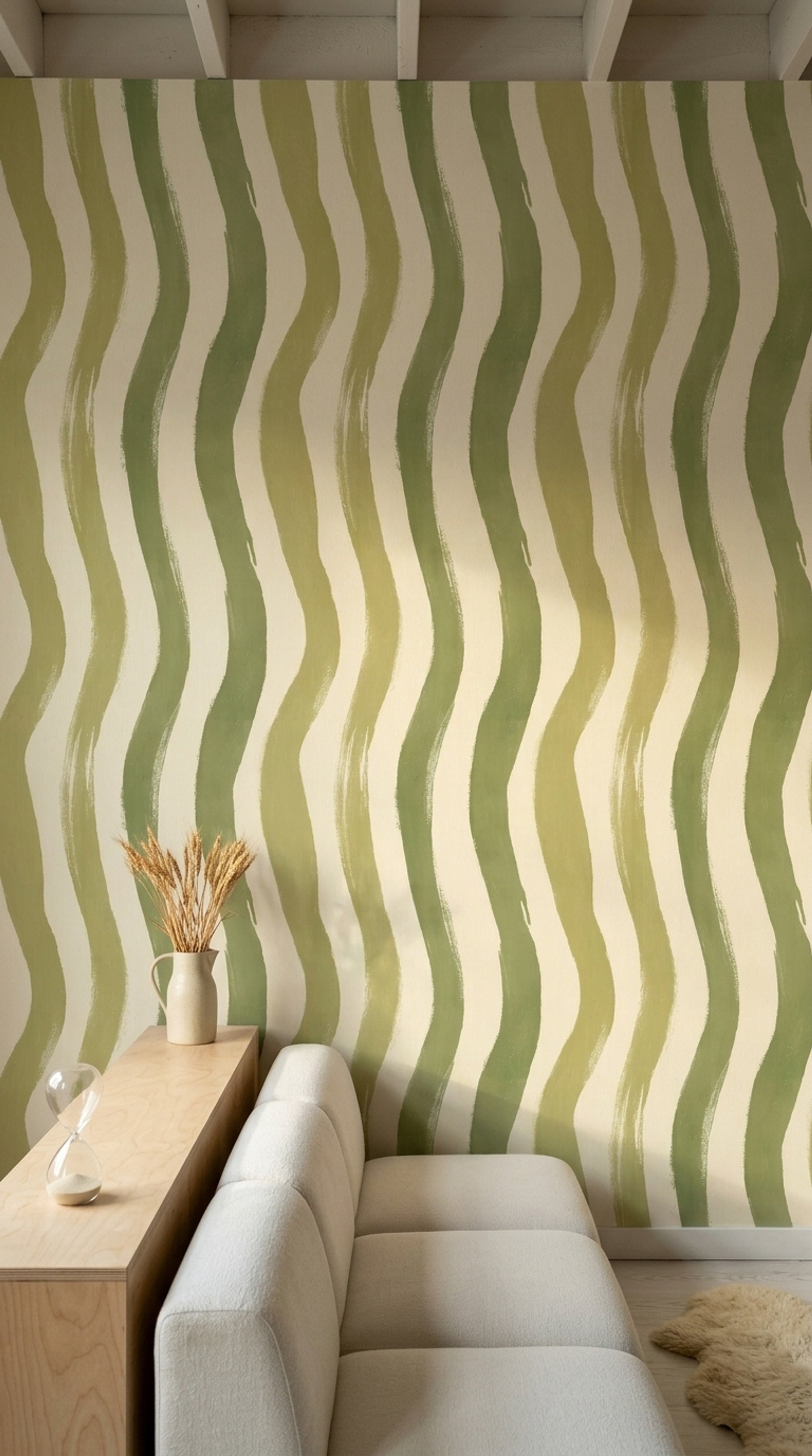 Abstract Stripes Wallpaper Wavy Vertical Bands Sage Green Decorative Mural