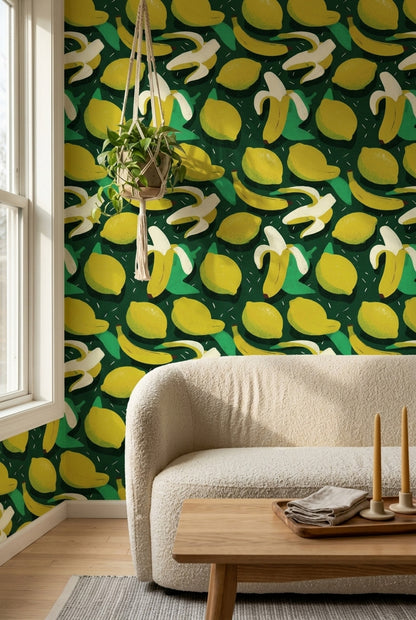 Abstract Fruit Wallpaper Dark Green Background Tropical Decorative Mural