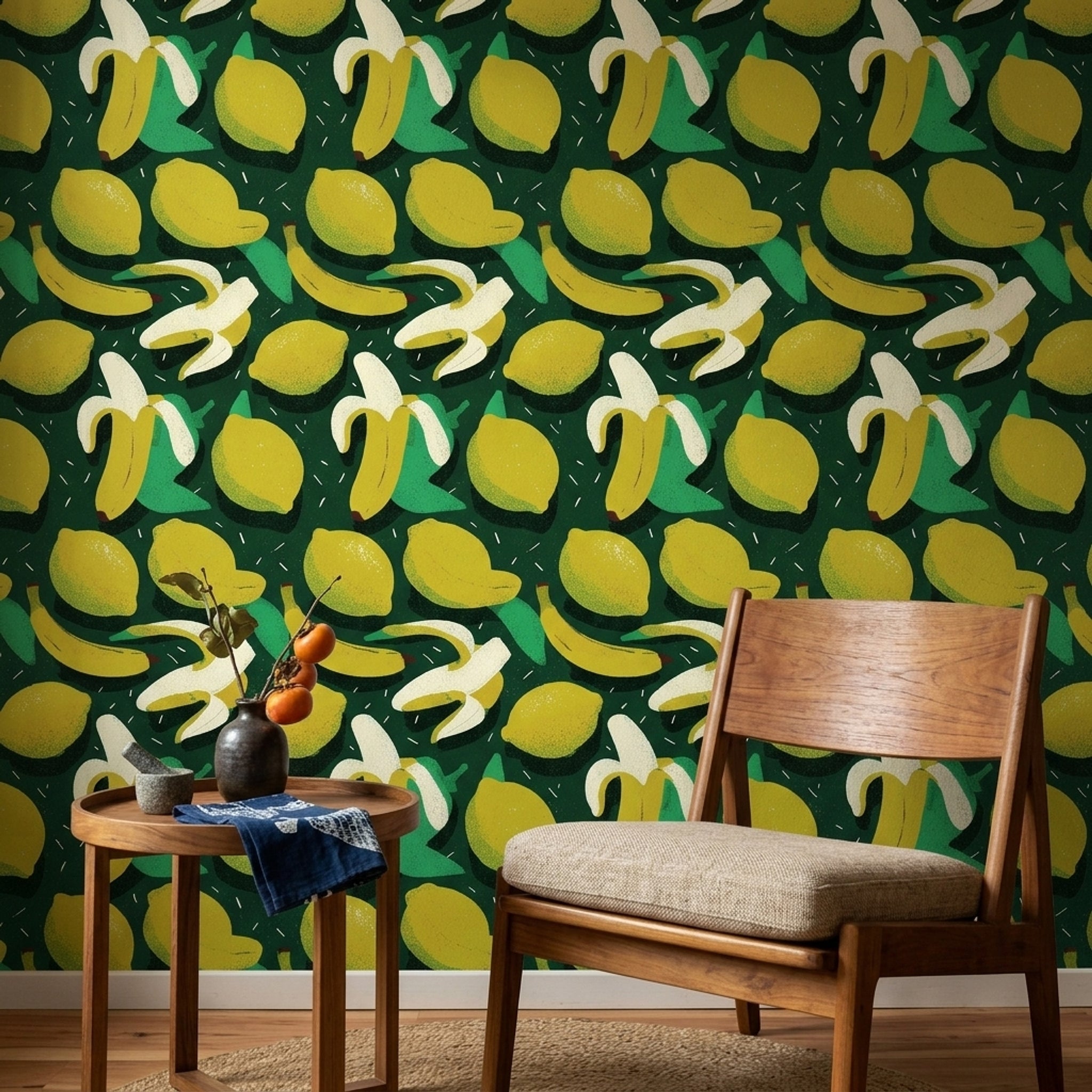 Abstract Fruit Wallpaper Dark Green Background Tropical Decorative Mural