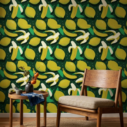 Abstract Fruit Wallpaper Dark Green Background Tropical Decorative Mural