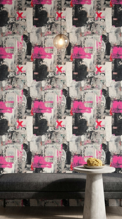 Urban Graffiti Wallpaper Mixed Media Collage Distressed Texture Removable Wall Decor