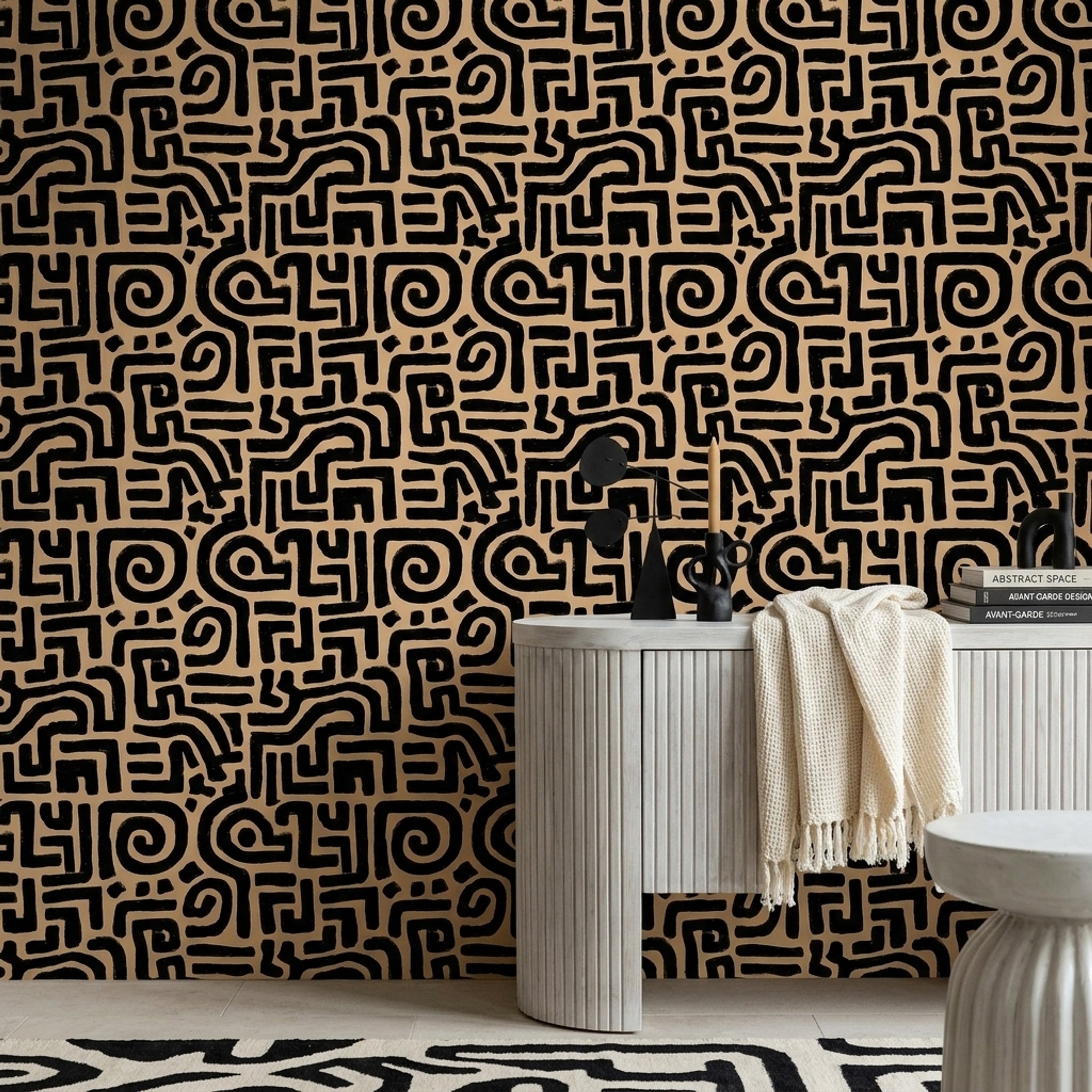 Maze Labyrinth Wallpaper Dark Abstract Removable Black And Tan Wall Double Roll