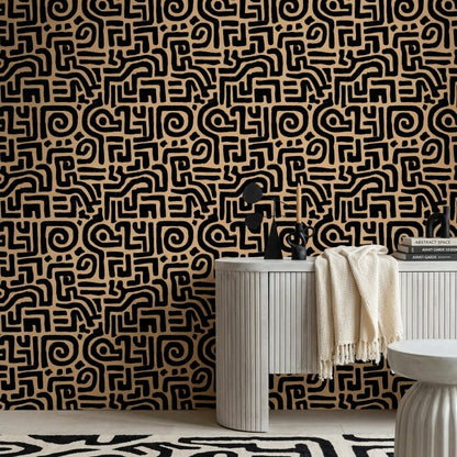 Maze Labyrinth Wallpaper Dark Abstract Removable Black And Tan Wall Double Roll