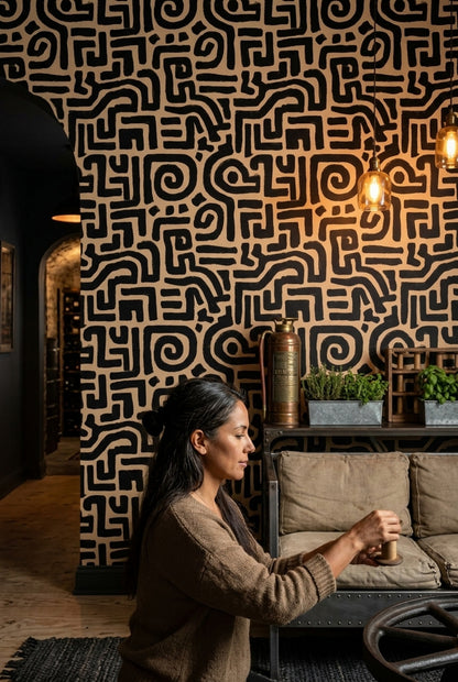 Maze Labyrinth Wallpaper Dark Abstract Removable Black And Tan Wall Double Roll