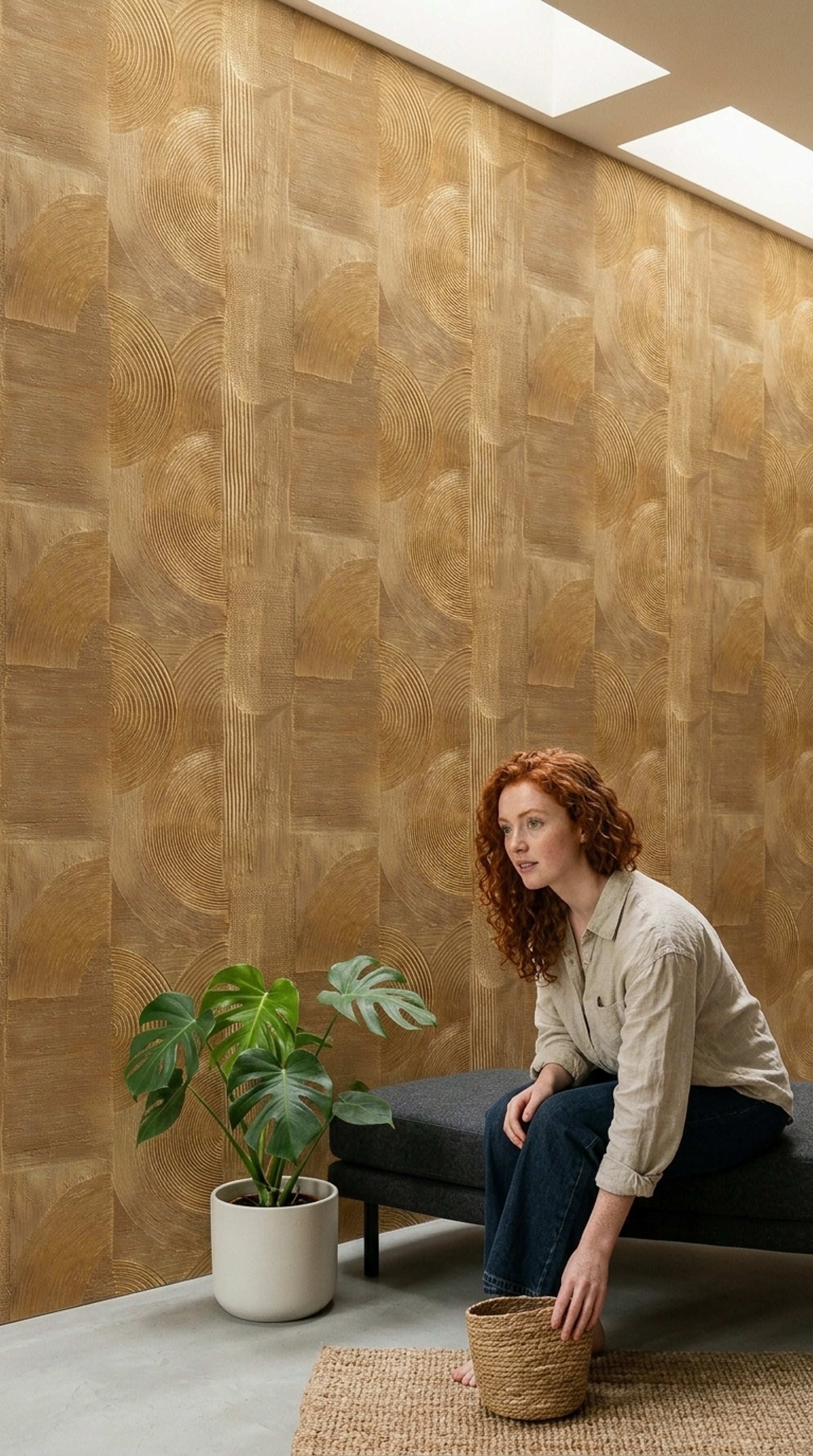 Abstract Geometric Wallpaper Textured Plaster Carved Lines Decorative Mural