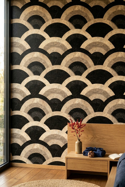 Black Marble Wallpaper Geometric Arcs Art Deco Removable Wall Decor