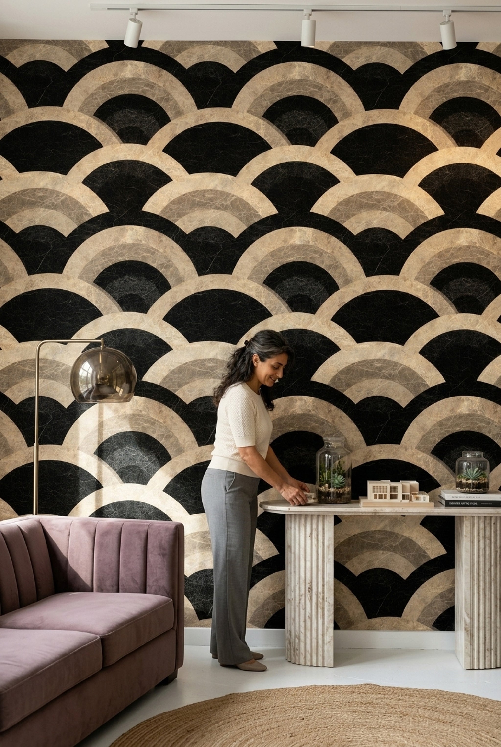 Black Marble Wallpaper Geometric Arcs Art Deco Removable Wall Decor