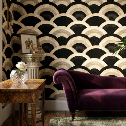 Black Marble Wallpaper Geometric Arcs Art Deco Removable Wall Decor