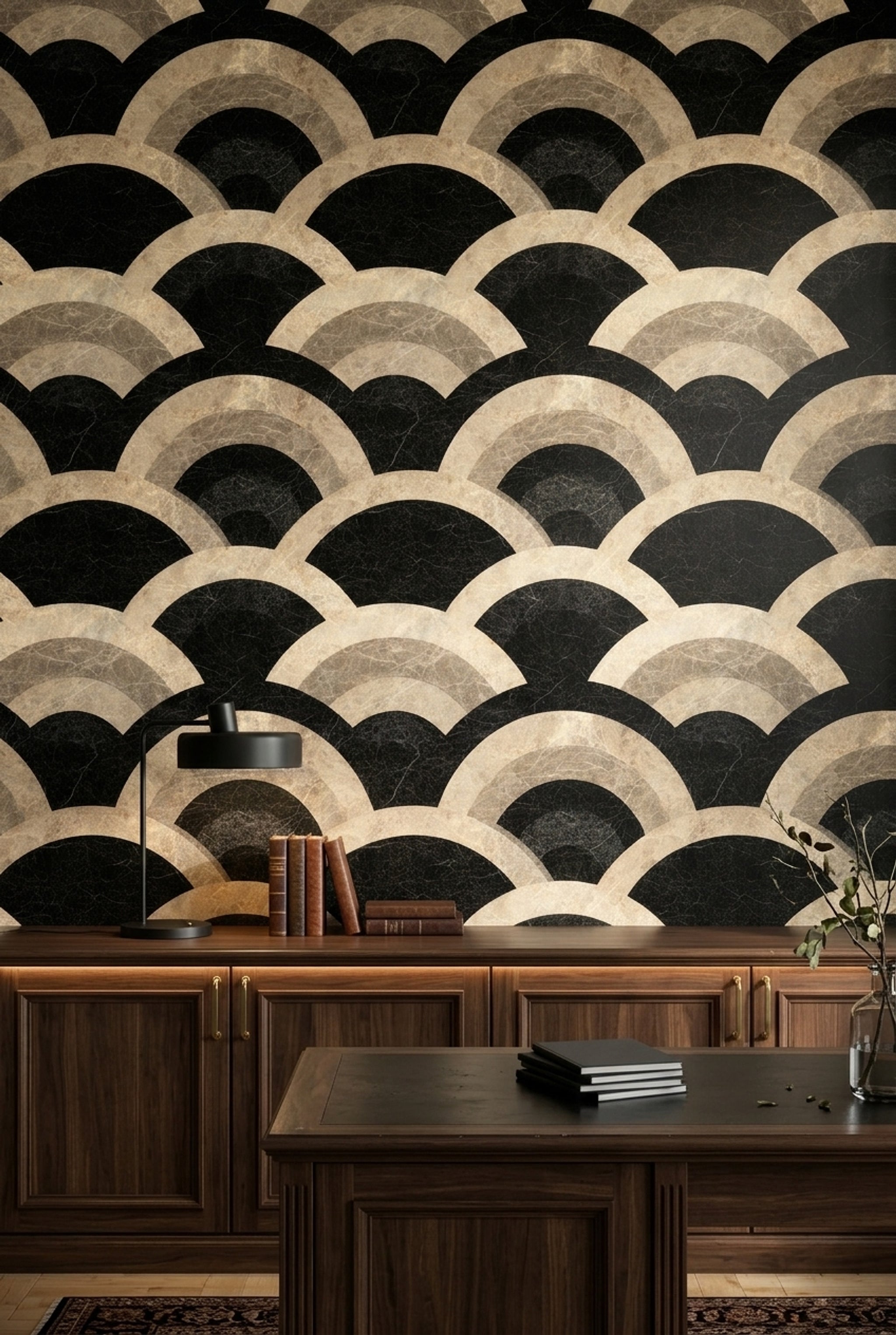 Black Marble Wallpaper Geometric Arcs Art Deco Removable Wall Decor
