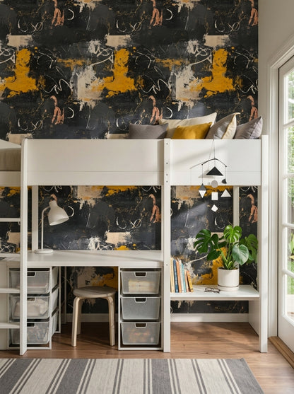 Dark Abstract Wallpaper Black Charcoal Background Mustard Yellow Accents Removable Wall Decor