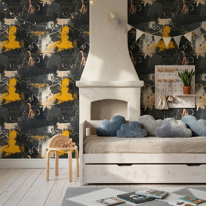 Dark Abstract Wallpaper Black Charcoal Background Mustard Yellow Accents Removable Wall Decor