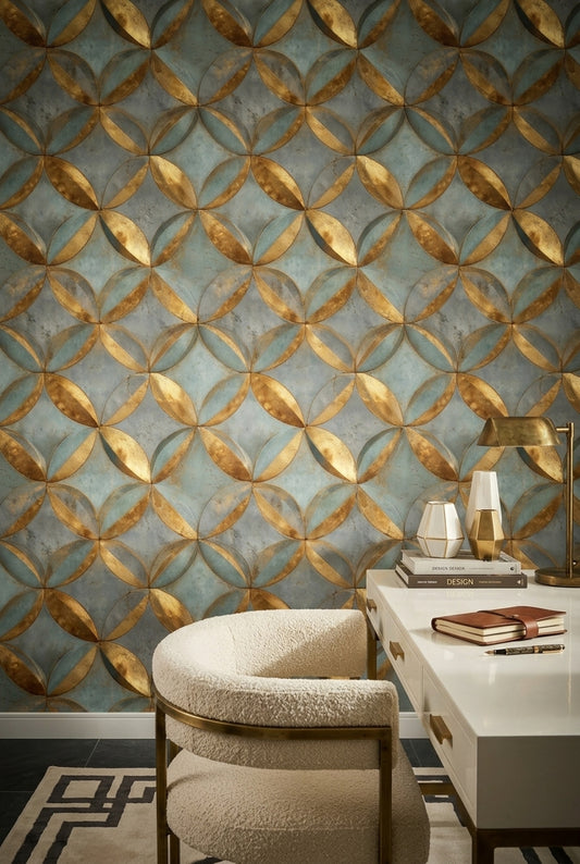 Metallic Gold Wallpaper Teal Blue Gray Removable Geometric Petals Wall Double Roll