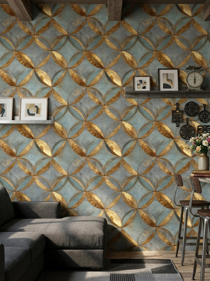 Metallic Gold Wallpaper Teal Blue Gray Removable Geometric Petals Wall Double Roll