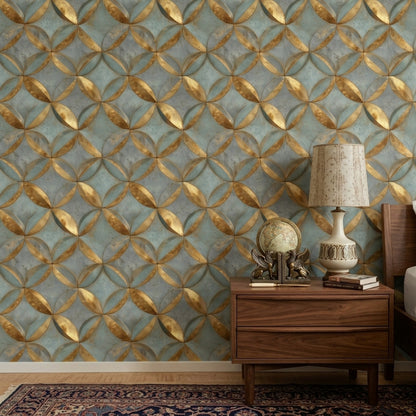 Metallic Gold Wallpaper Teal Blue Gray Removable Geometric Petals Wall Double Roll