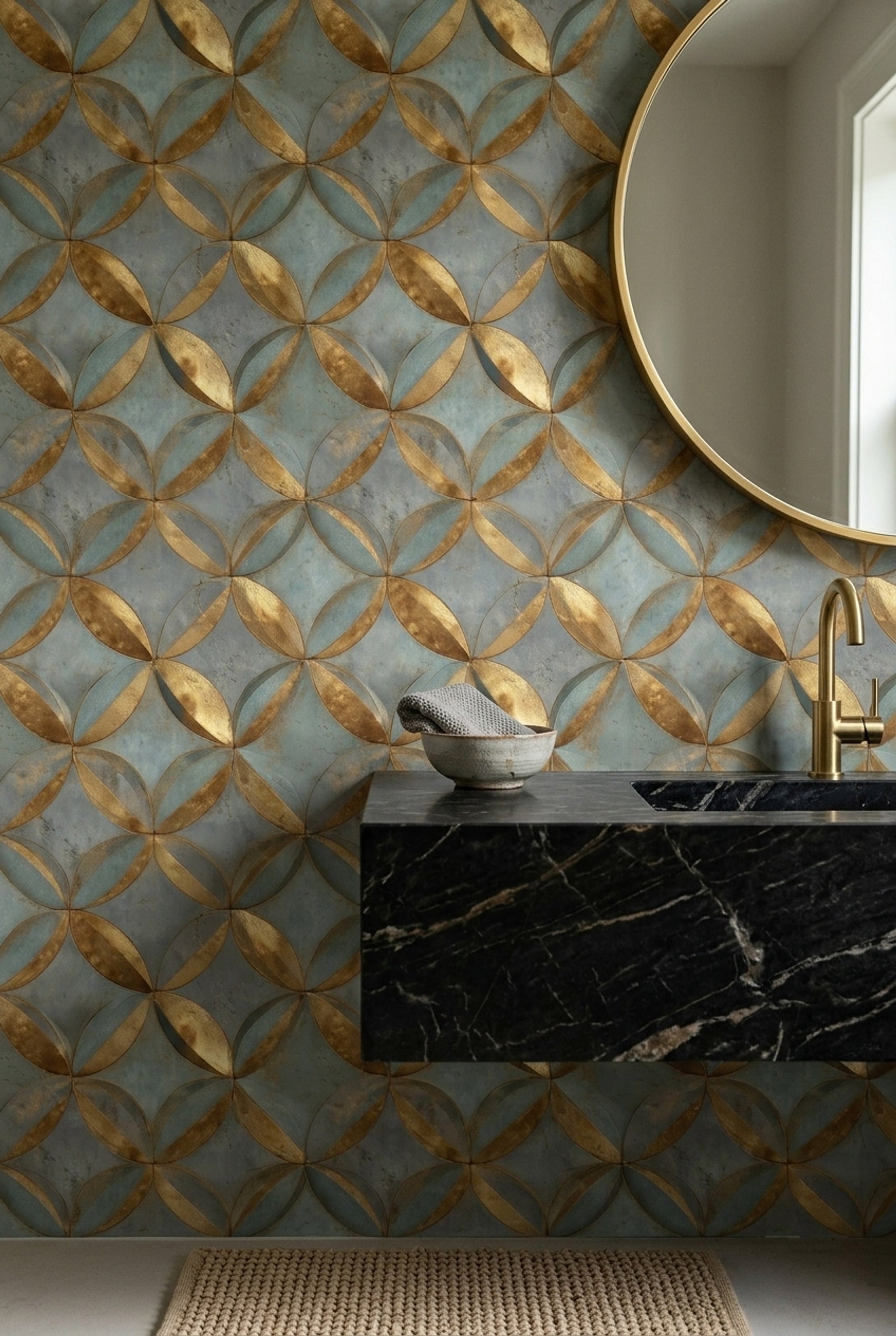 Metallic Gold Wallpaper Teal Blue Gray Removable Geometric Petals Wall Double Roll