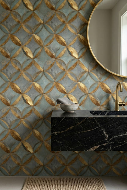 Metallic Gold Wallpaper Teal Blue Gray Removable Geometric Petals Wall Double Roll
