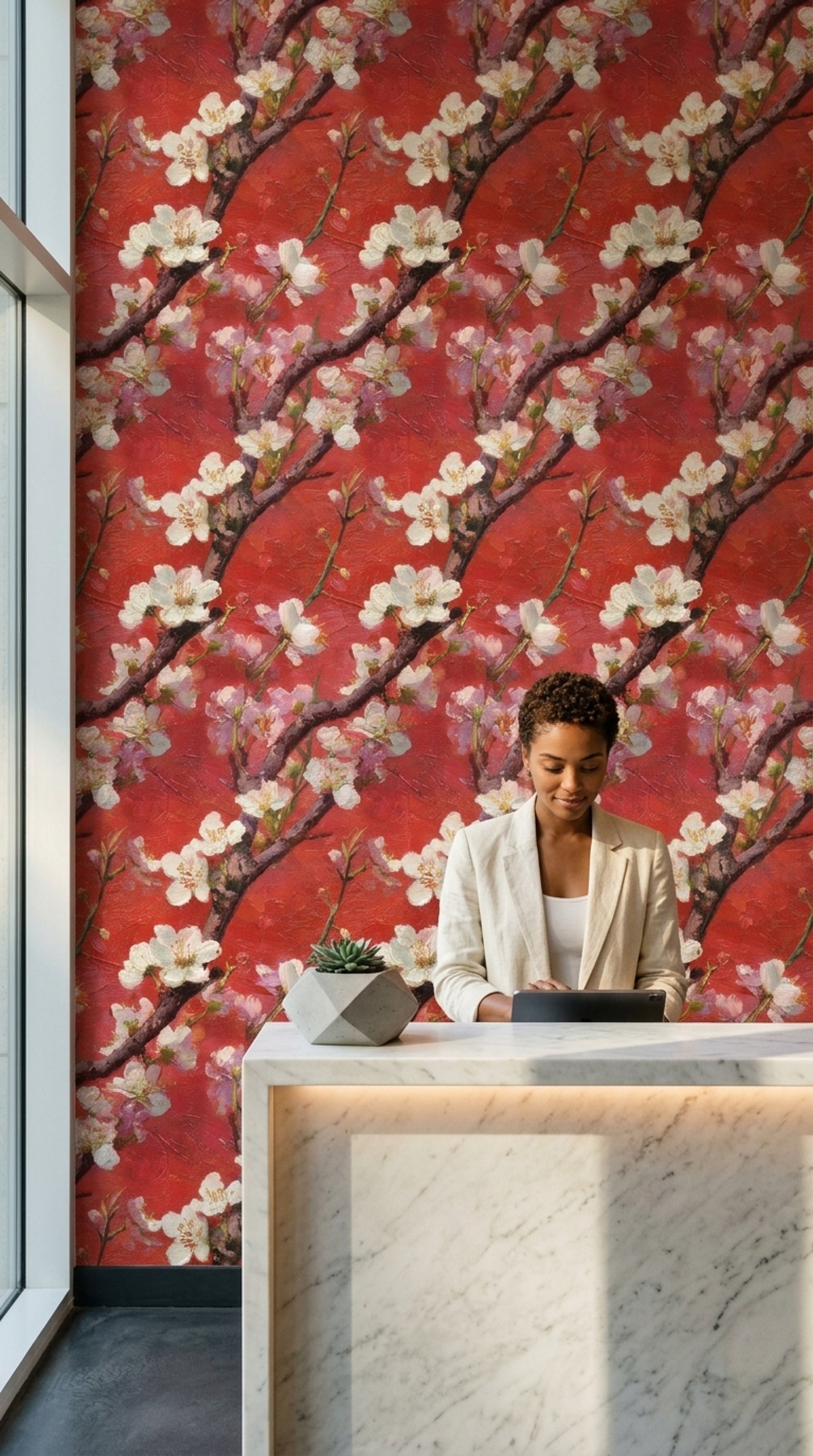 Floral Blossoms Wallpaper Cherry Blossom Branches Removable Red Background Wall Double Roll