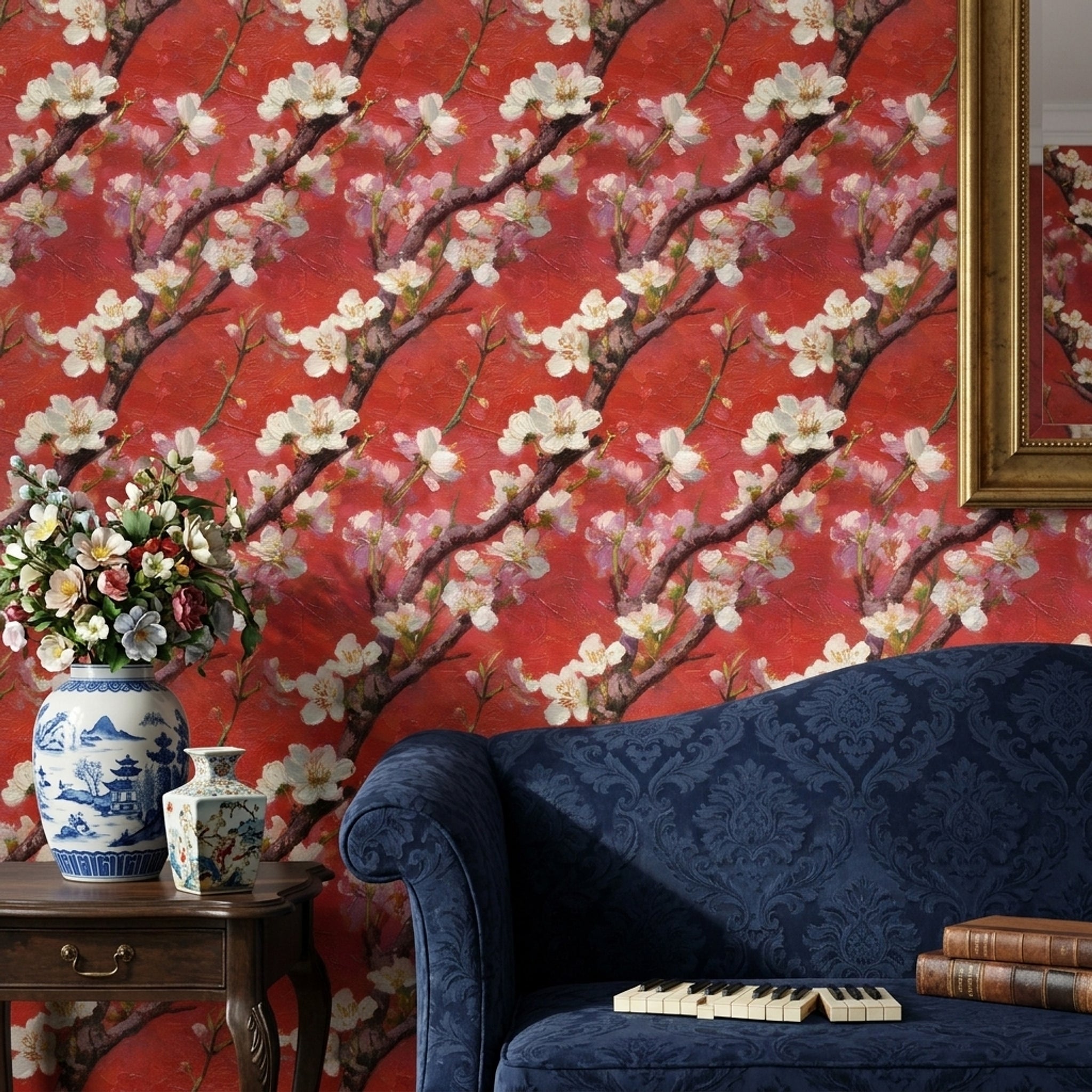 Floral Blossoms Wallpaper Cherry Blossom Branches Removable Red Background Wall Double Roll