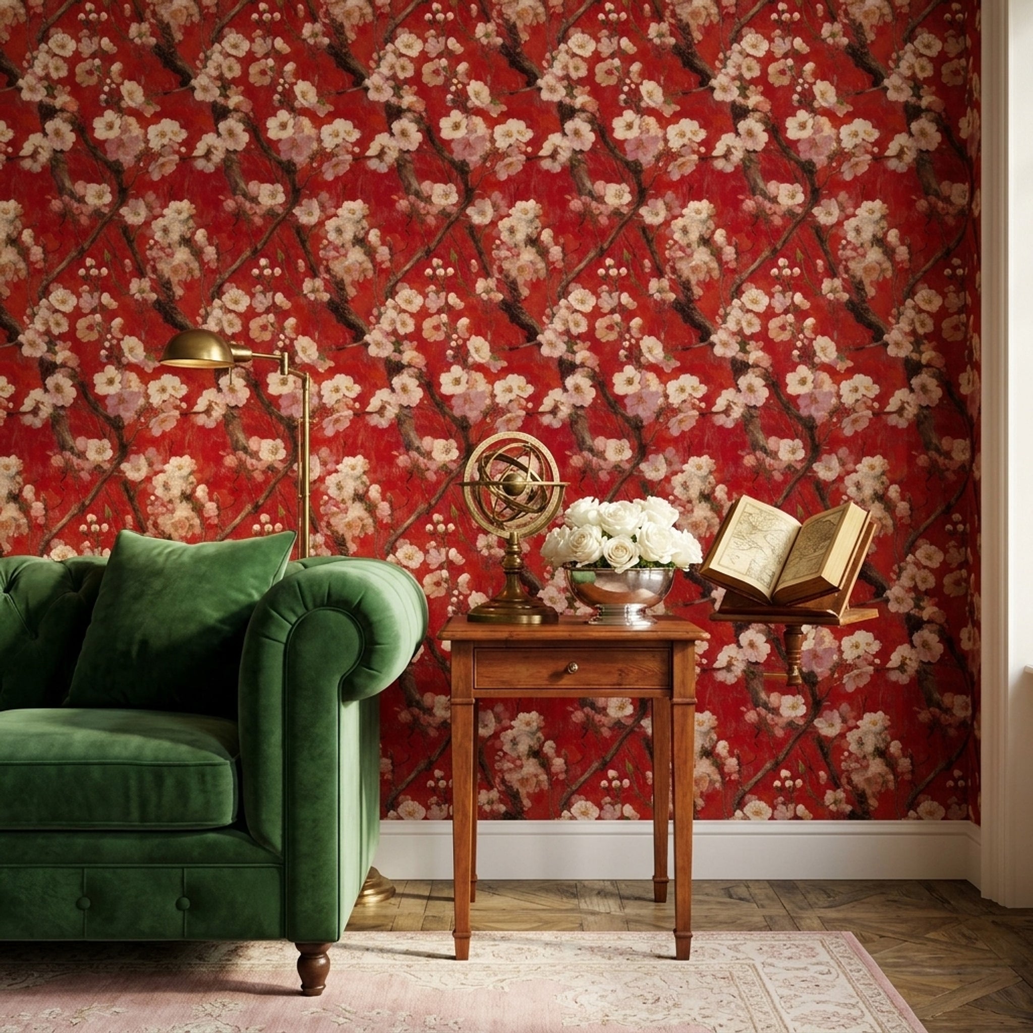 Cherry Blossom Wallpaper Red Background Japanese Inspired Removable Wall Decor
