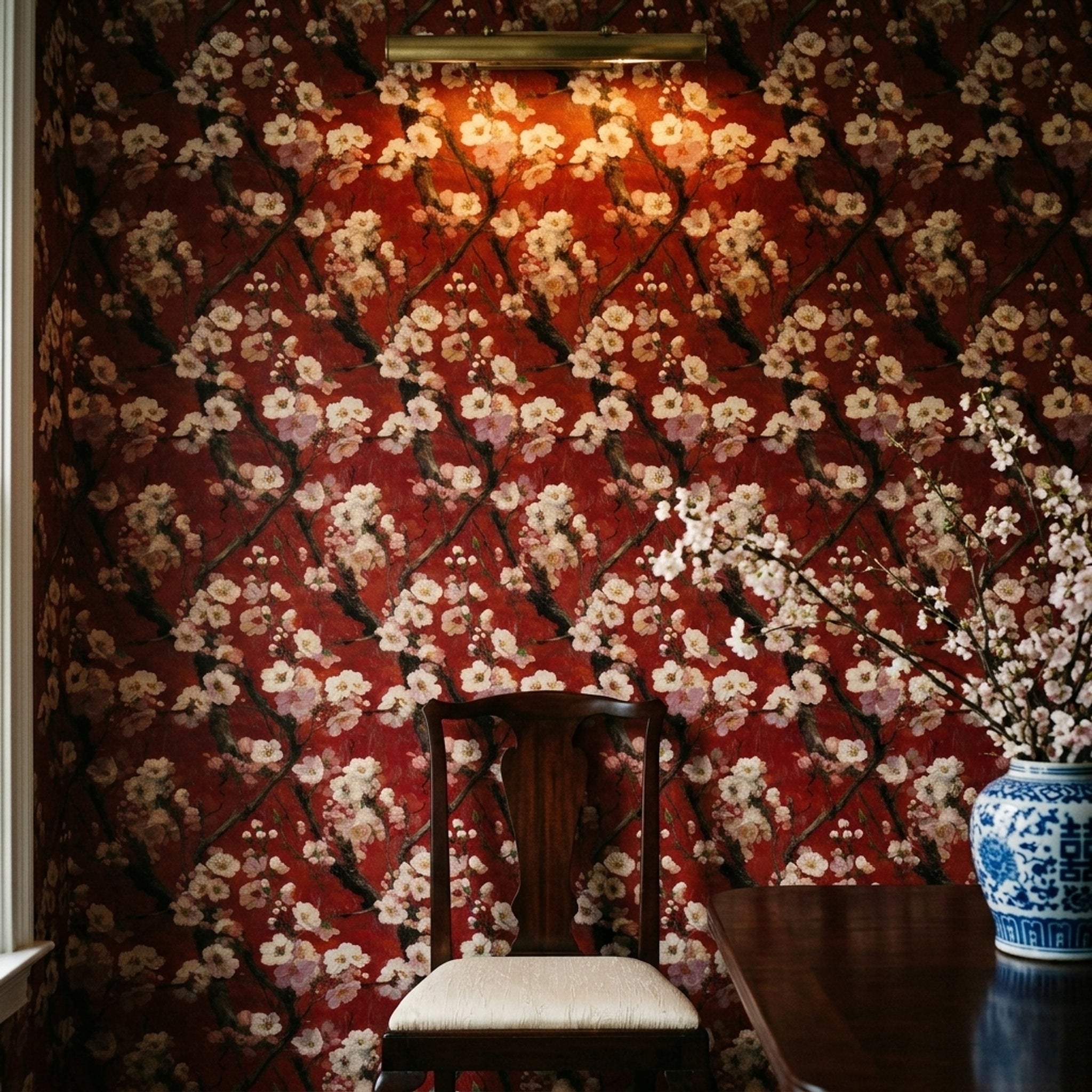 Cherry Blossom Wallpaper Red Background Japanese Inspired Removable Wall Decor