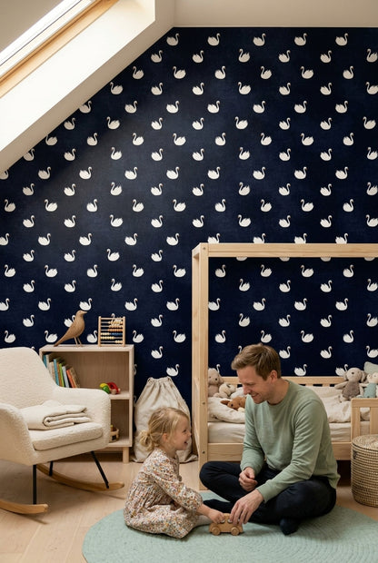 Swan Pattern Wallpaper Dark Navy Whimsical Decorative Mural