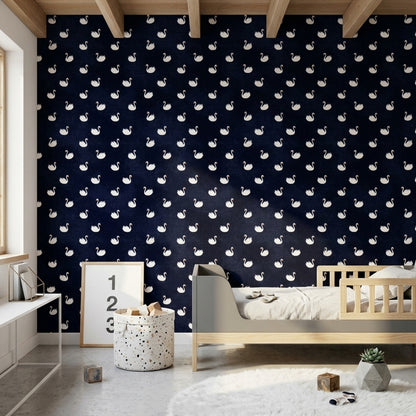 Swan Pattern Wallpaper Dark Navy Whimsical Decorative Mural