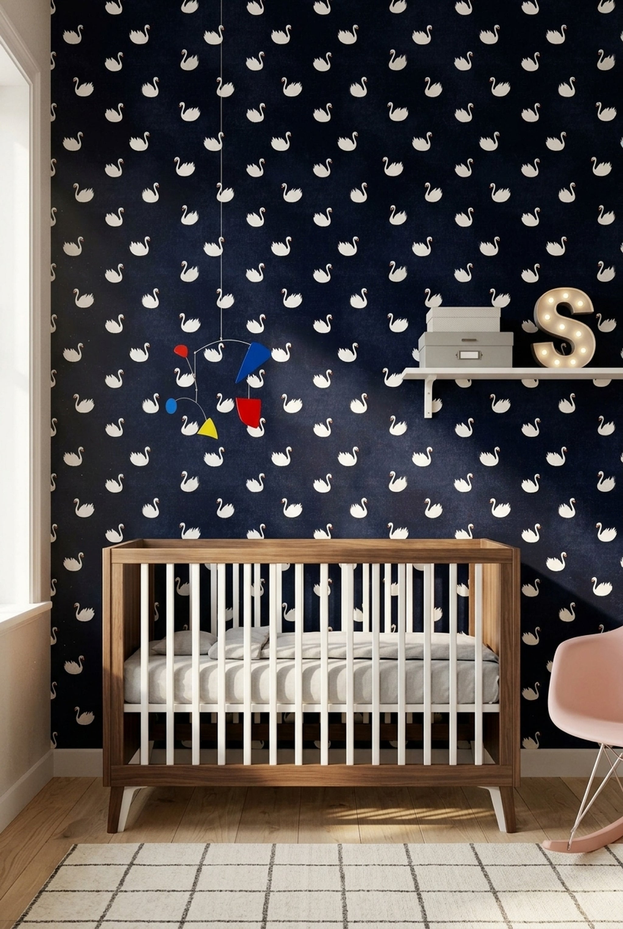 Swan Pattern Wallpaper Dark Navy Whimsical Decorative Mural