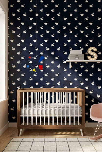 Swan Pattern Wallpaper Dark Navy Whimsical Decorative Mural