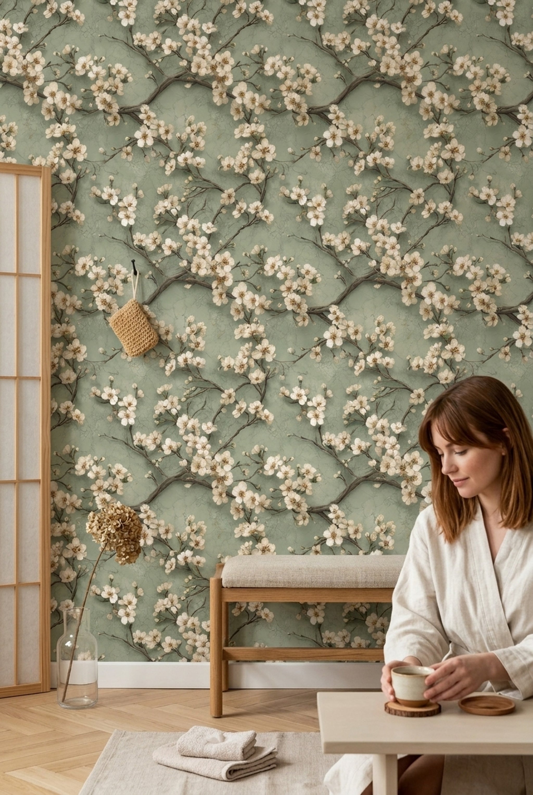 Background White Wallpaper Muted Green Removable Wall Double Roll