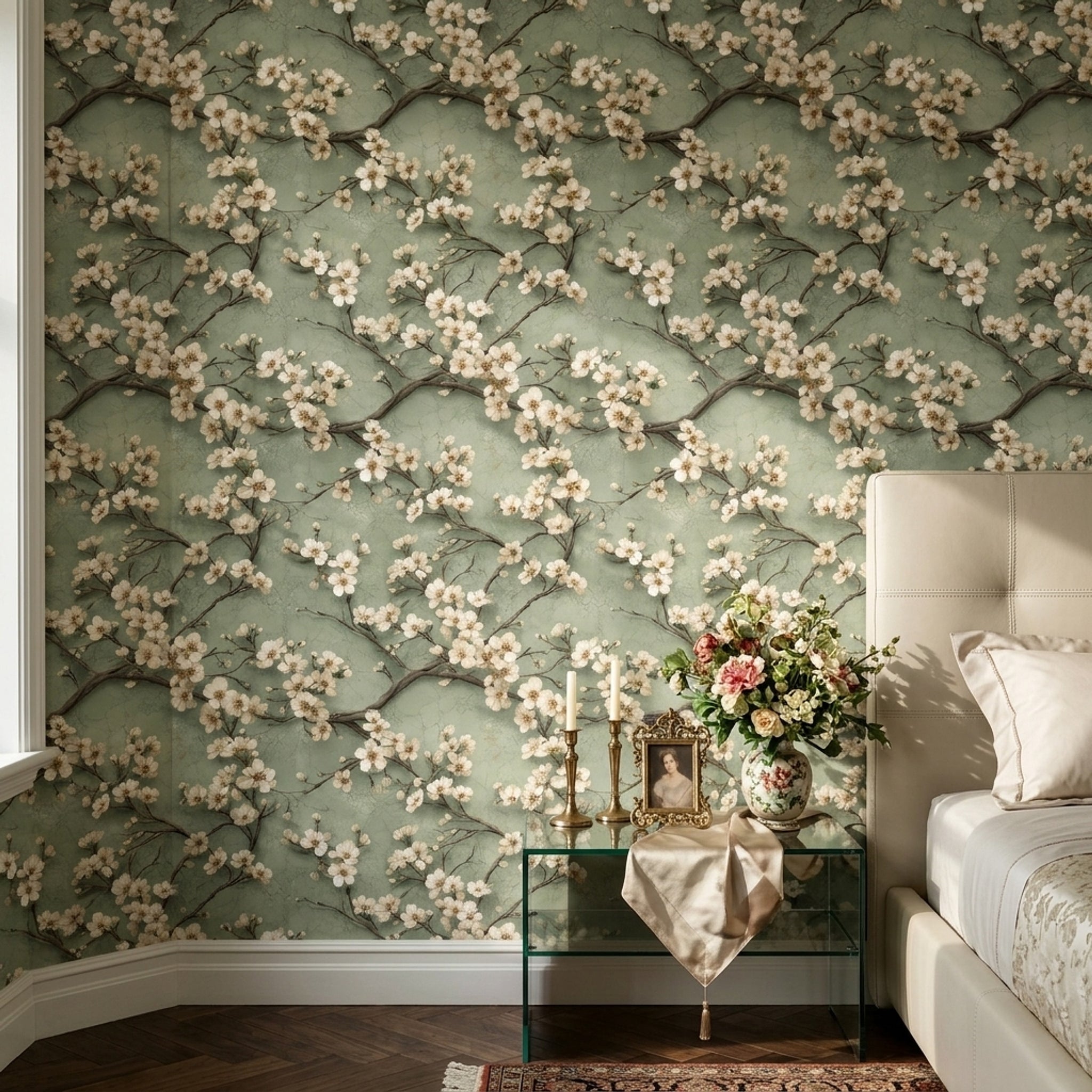 Background White Wallpaper Muted Green Removable Wall Double Roll