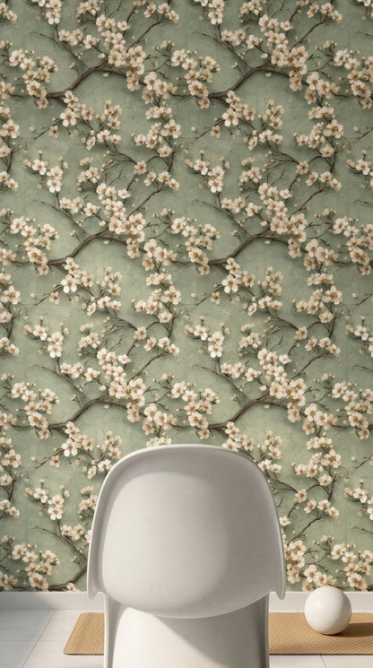 Background White Wallpaper Muted Green Removable Wall Double Roll