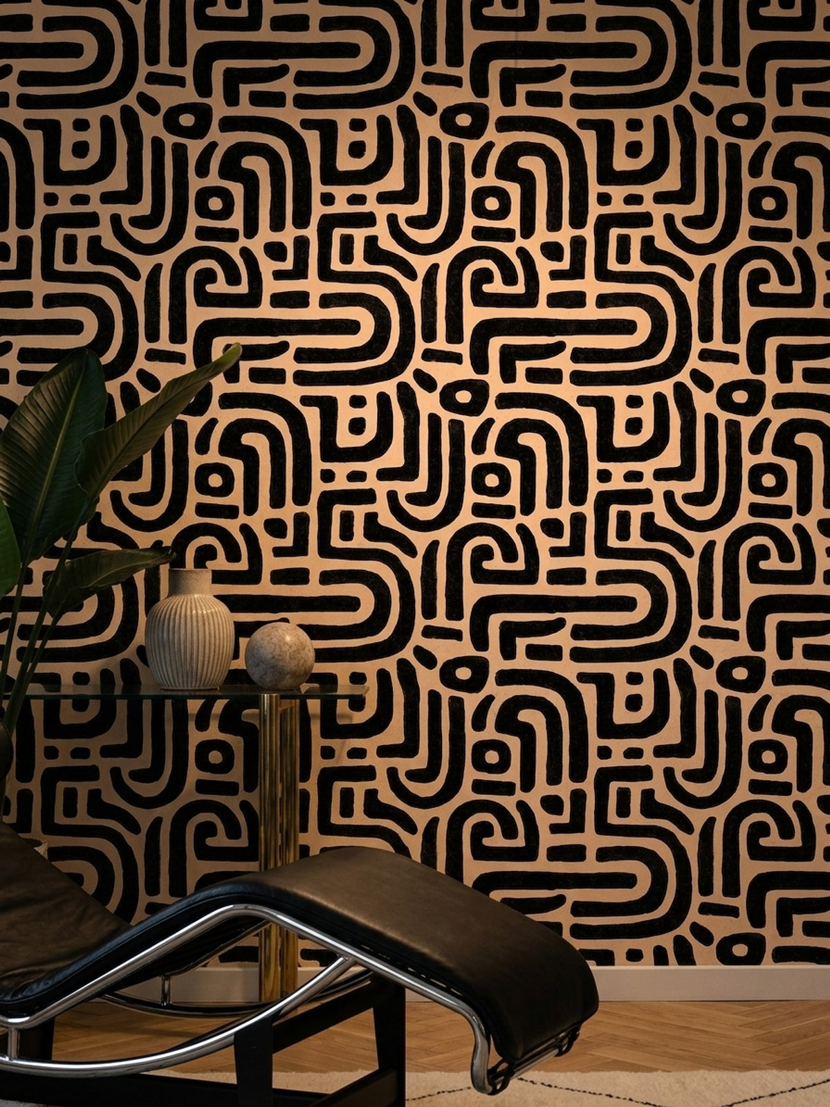 Abstract Geometric Wallpaper Maze Pattern Bold Black Lines Decorative Mural