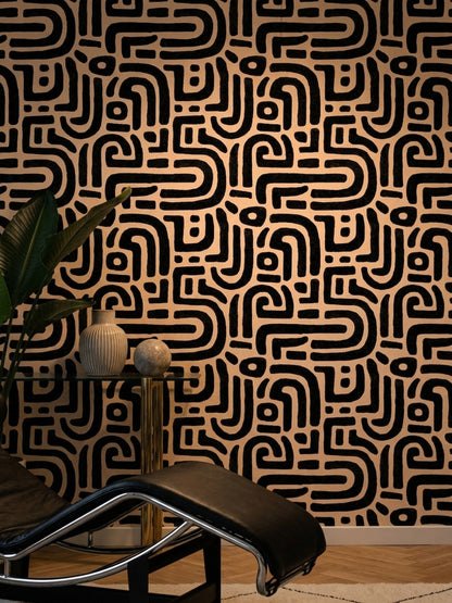 Abstract Geometric Wallpaper Maze Pattern Bold Black Lines Decorative Mural