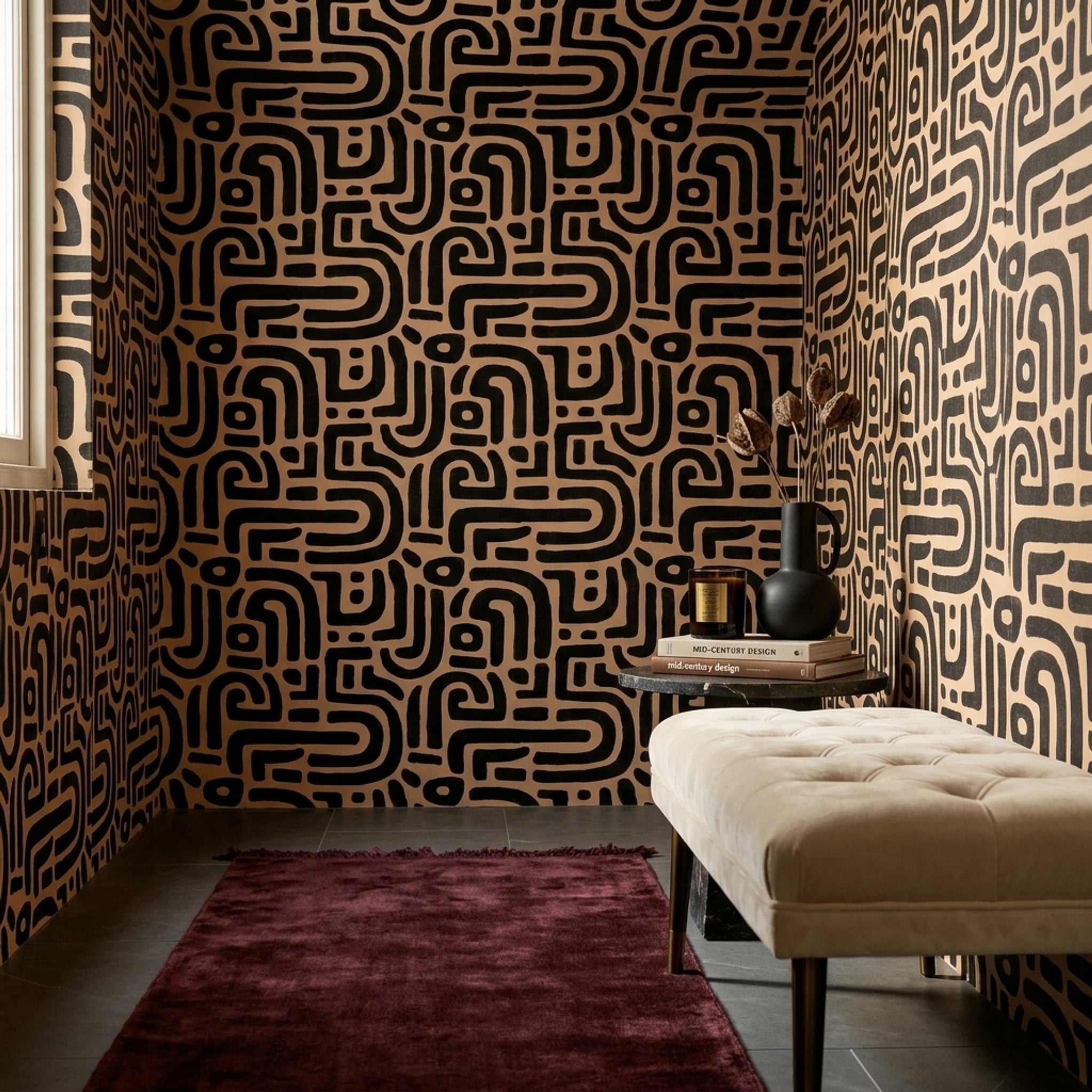 Abstract Geometric Wallpaper Maze Pattern Bold Black Lines Decorative Mural