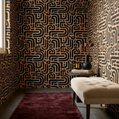 Abstract Geometric Wallpaper Maze Pattern Bold Black Lines Decorative Mural