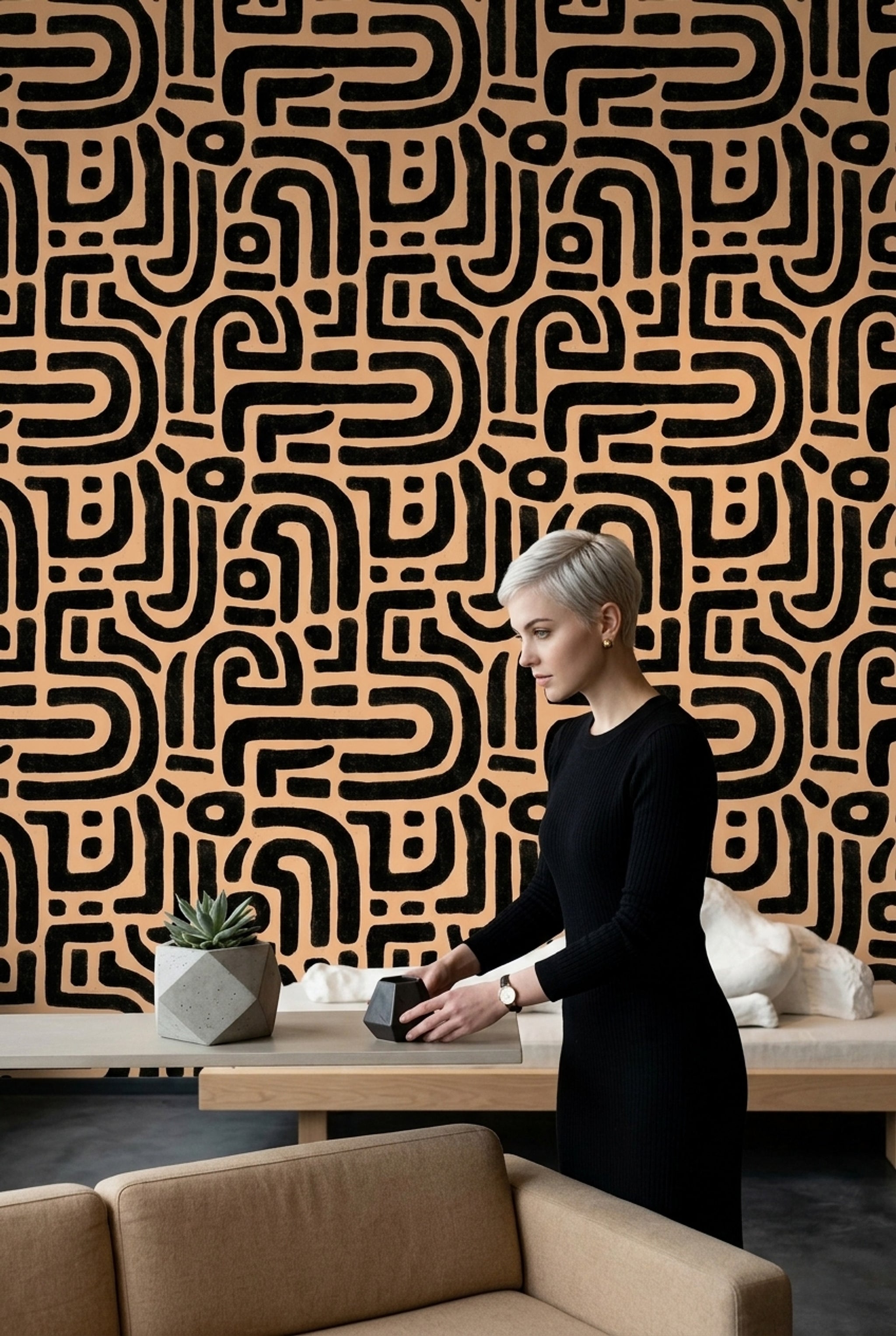 Abstract Geometric Wallpaper Maze Pattern Bold Black Lines Decorative Mural