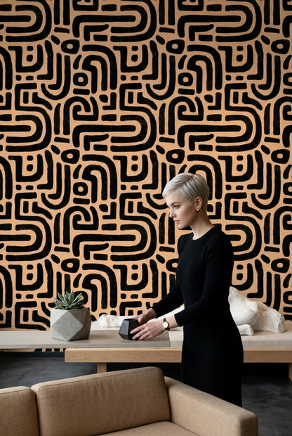 Abstract Geometric Wallpaper Maze Pattern Bold Black Lines Decorative Mural