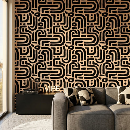 Abstract Geometric Wallpaper Maze Pattern Bold Black Lines Decorative Mural
