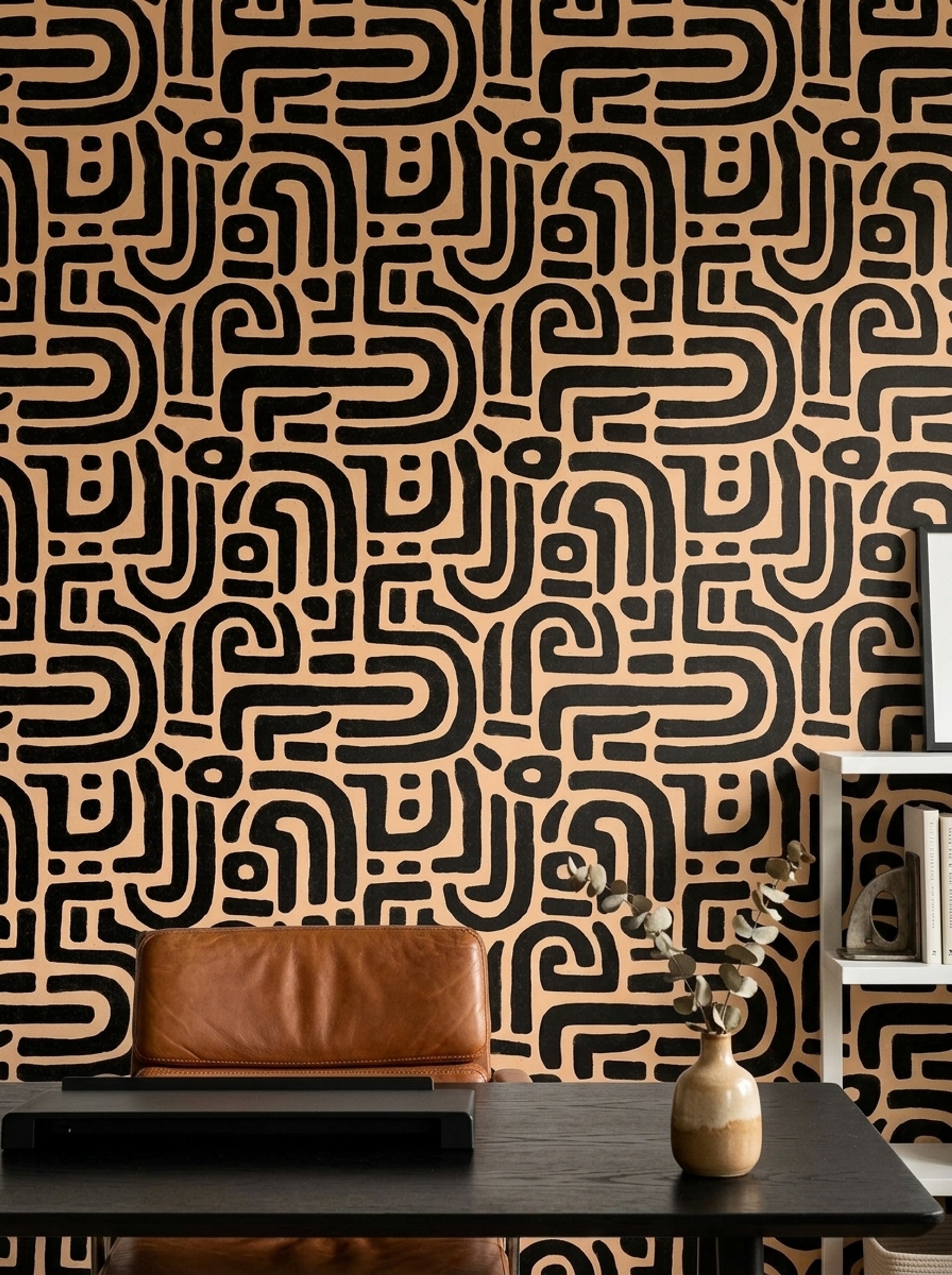 Abstract Geometric Wallpaper Maze Pattern Bold Black Lines Decorative Mural