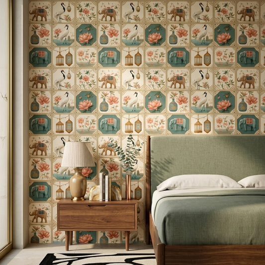 Vintage Panels Wallpaper Cream Gold Borders Removable Wall Decor