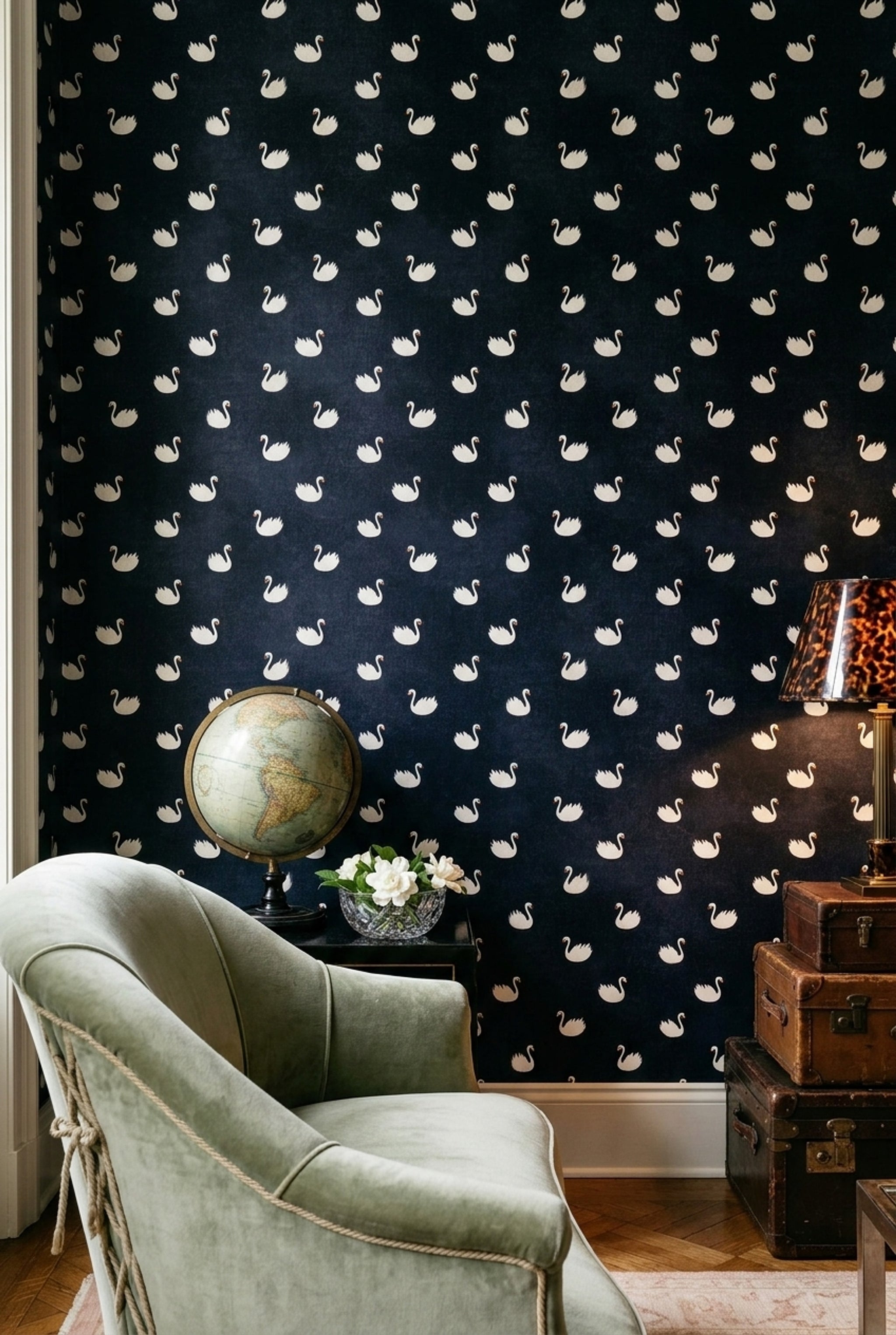 Swan Pattern Wallpaper Dark Navy Whimsical Decorative Mural