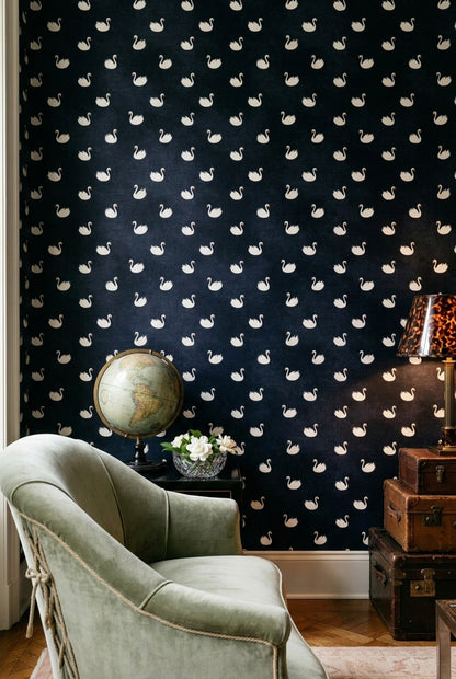 Swan Pattern Wallpaper Dark Navy Whimsical Decorative Mural