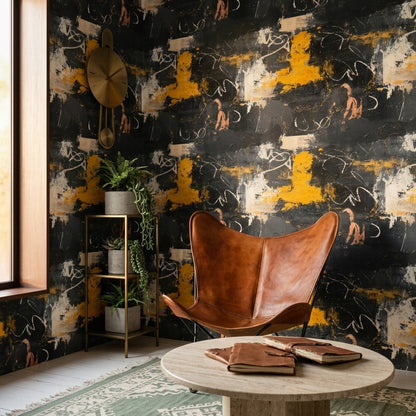 Dark Abstract Wallpaper Black Charcoal Background Mustard Yellow Accents Removable Wall Decor
